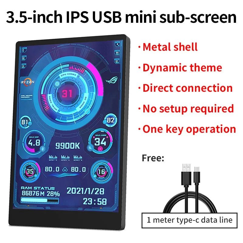 Storazone 3.5 / 5 Inch IPS Type-C Secondary Screen Mini Computer USB Display CPU GPU RAM HDD Monitor with Holder Metal Case No Use AIDA64