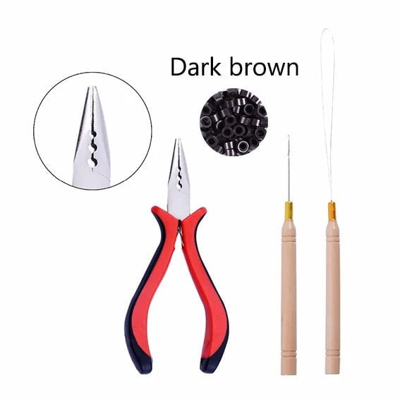 Storazone 3 Dark brown 1 Pack/100Pcs Micro Links/Beads+1Pcs Pulling Needle+1Pc  3 Holes Plier Hair Extensions Tool Kit