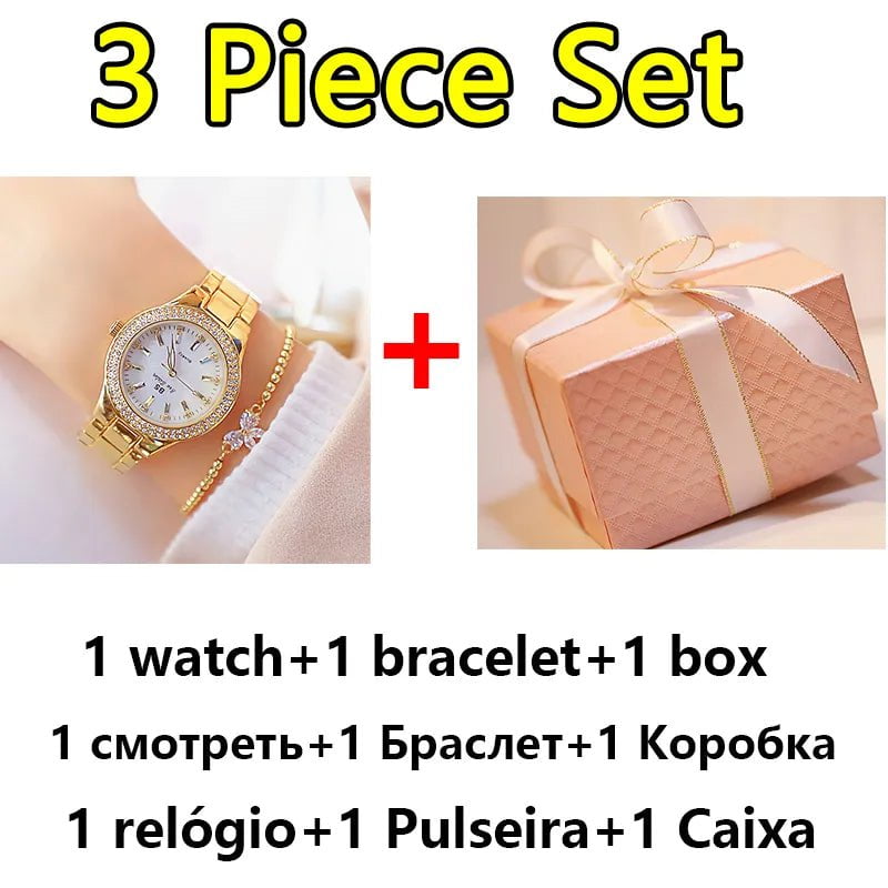 Storazone 3 pcs gold / CHINA 2023 Ladies Wrist Watches Dress Gold Watch Women Crystal Diamond Watches Stainless Steel Silver Clock Women Montre Femme 2022