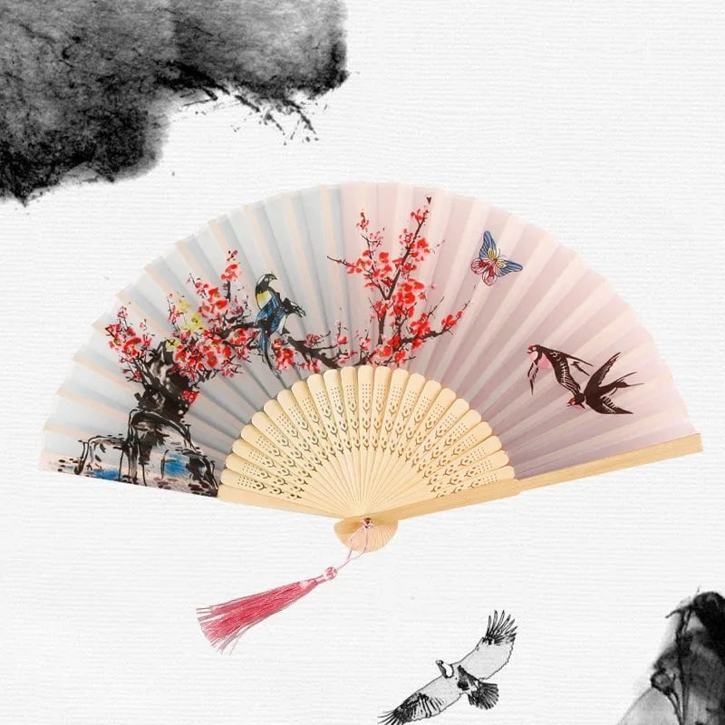 Storazone 35 Chinese Japanese Silk Folding Fan Wooden Shank Classical Dance Fan High Quality Tassel Elegent Female Fan Home Decoration