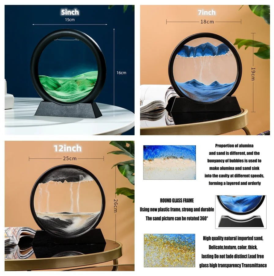 Storazone 3D Moving Sand Art Picture Round Glass Deep Sea Sandscape Hourglass Quicksand Craft Flowing Painting Office Home Decor Gift