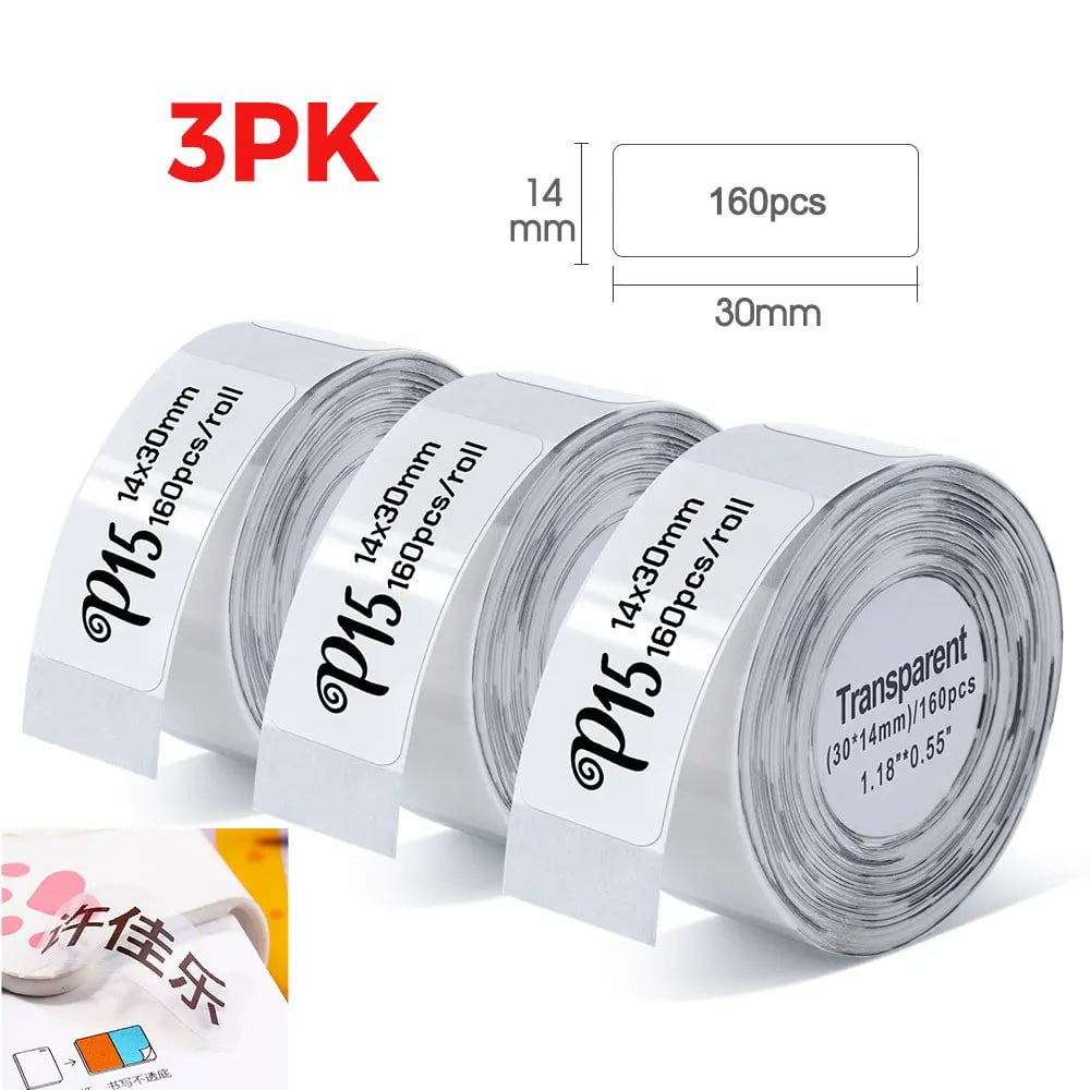 Storazone 3PK 14x30mm Clear P15 Thermal Label Printer Similar as D11 D110 D101 Mini Label Maker Portable Sticker Label Machine or 3PK-6PK 12mm Label Paper