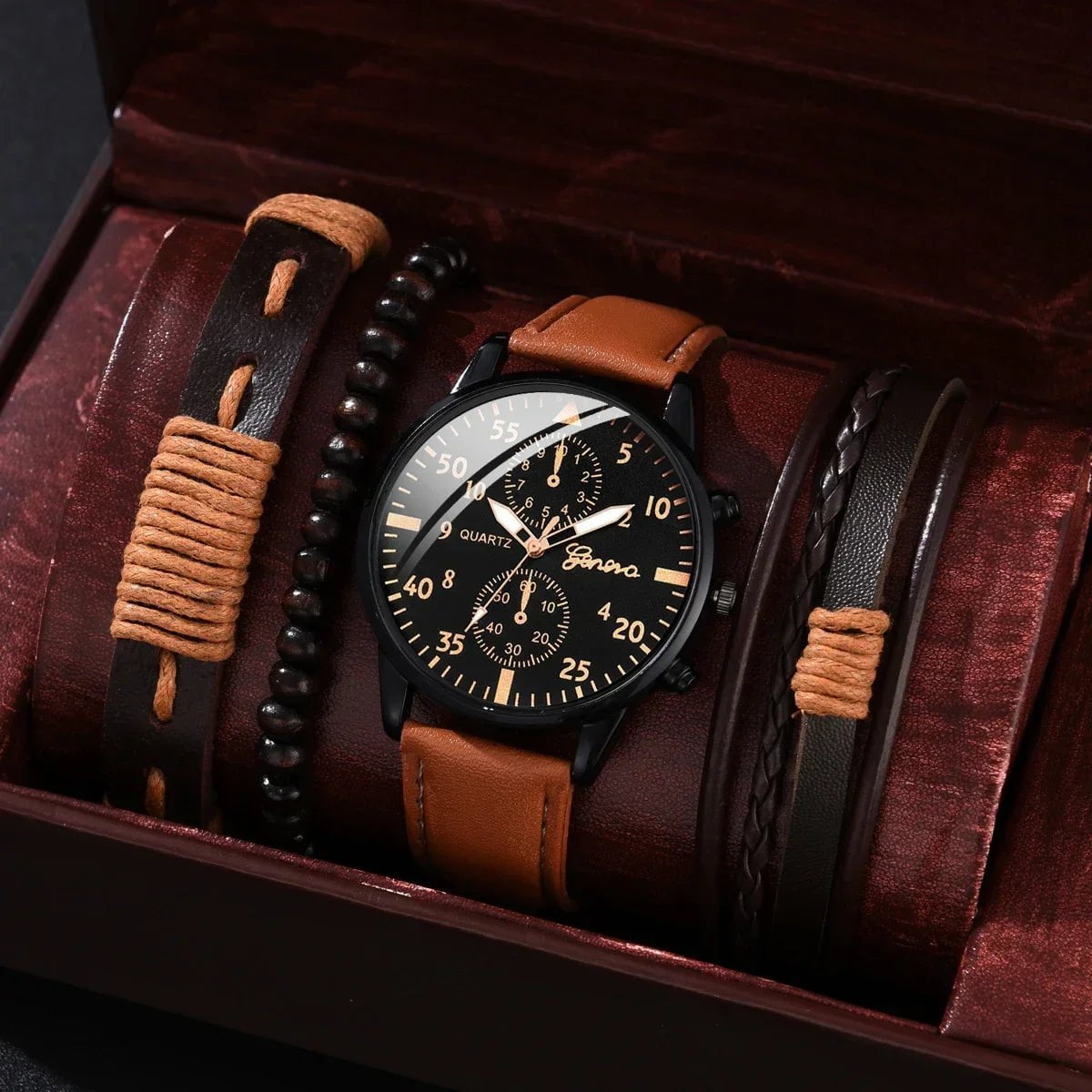 Storazone 4/2/1pcs Men Sports Watches Set Man Business Quartz Wristwatch Luxury Brown Leather Bracelet Men Casual Clock Watch（no Box）