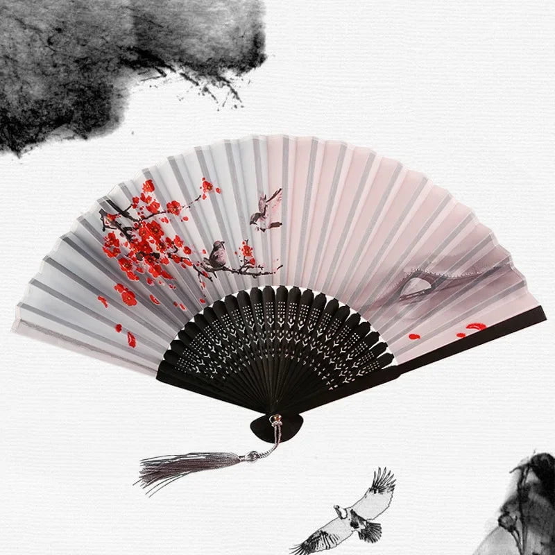 Storazone 4 Chinese Japanese Silk Folding Fan Wooden Shank Classical Dance Fan High Quality Tassel Elegent Female Fan Home Decoration