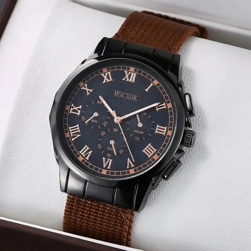 Storazone 4pcs Brown Nylon Strap Quartz Watch With Bracelet For Men Casual Fashion Round Watch In Daily Sport