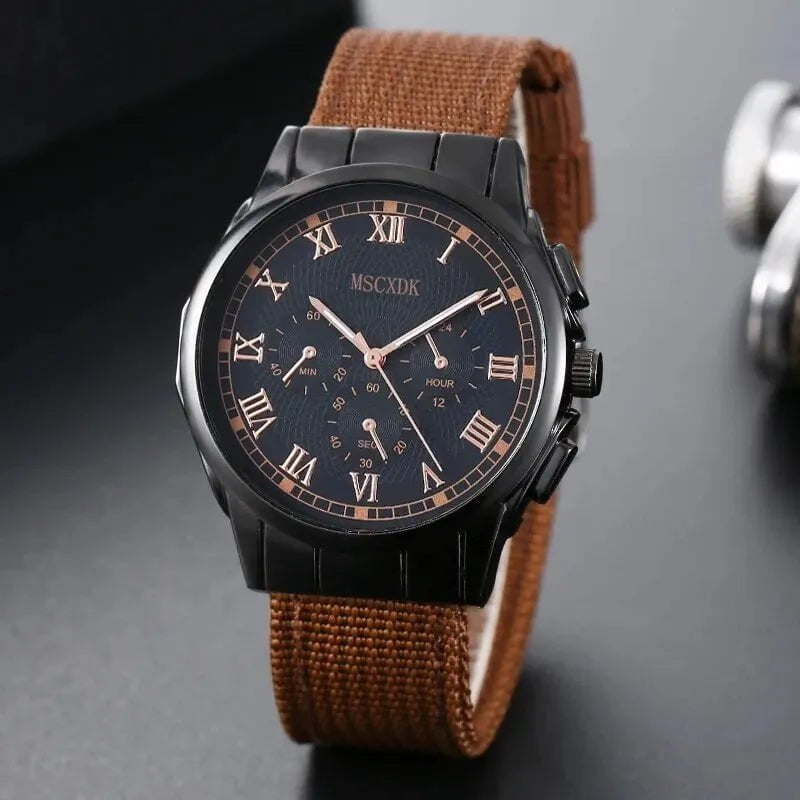 Storazone 4pcs Brown Nylon Strap Quartz Watch With Bracelet For Men Casual Fashion Round Watch In Daily Sport