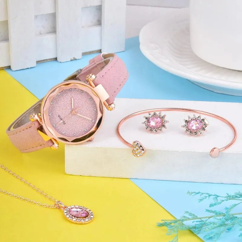 Storazone 4PCS Set Luxury Women Watches Rhinestone Fashion Elegant Wristwatch Quartz Watch Ladies Clock For Girl Gift