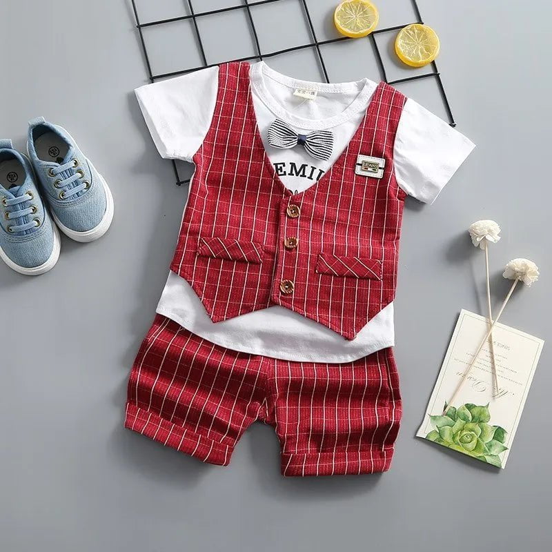 Storazone 4T / CWW 3kou S red New Summer Newborn Baby Boys Clothes Children Gentleman Tie T-shirt Shorts 2Pcs/Set Toddler Cotton Girls Clothing Kids Tracksuit