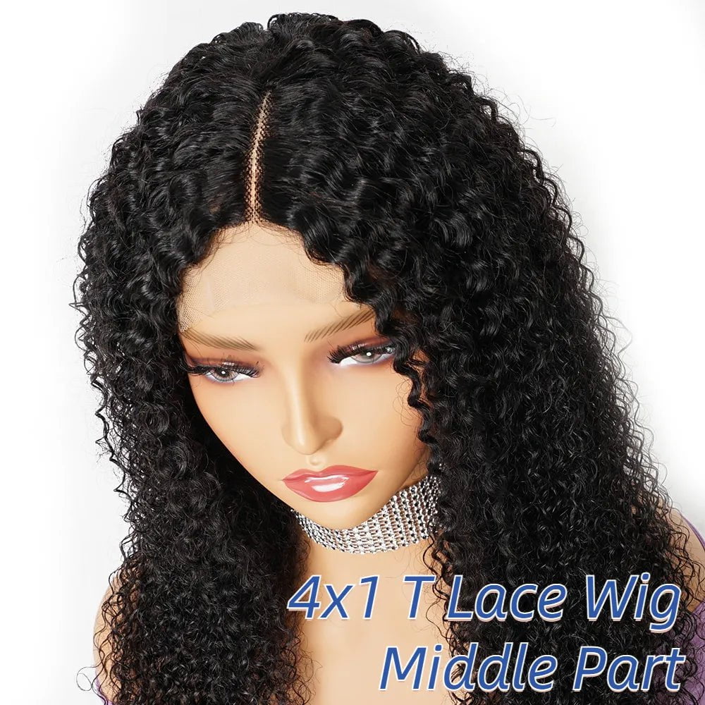 Storazone 4x1 T Lace Wig / 10inches / 180 Density Jerry Curly Lace Front Wig Human Hair Wigs Natural Color Free Middle Part Transparent Lace Closure Wigs for Women BOBBI