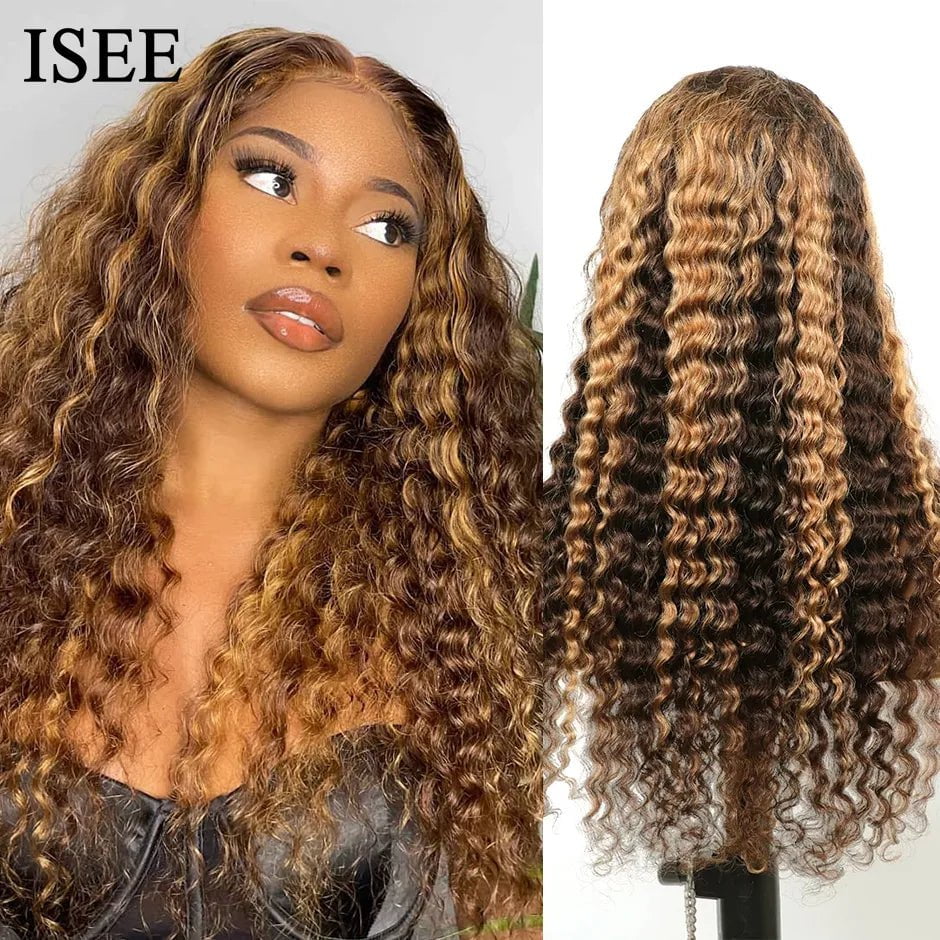 Storazone 4X4 Lace Wig / 12inches Ombre Deep Wave Frontal Wig 4/27 Highlight Human Hair Wigs Brazilian Deep Wave Lace Wig ISEE HAIR 4X4 Lace Closure Wig For Women