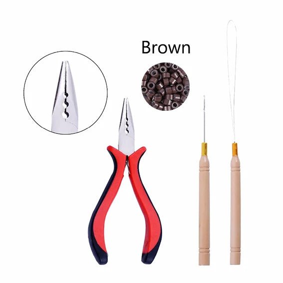 Storazone 5 Brown 1 Pack/100Pcs Micro Links/Beads+1Pcs Pulling Needle+1Pc  3 Holes Plier Hair Extensions Tool Kit