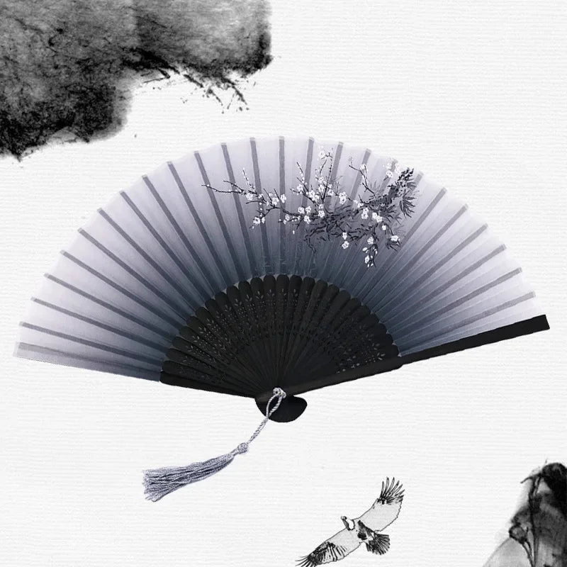 Storazone 5 Chinese Japanese Silk Folding Fan Wooden Shank Classical Dance Fan High Quality Tassel Elegent Female Fan Home Decoration