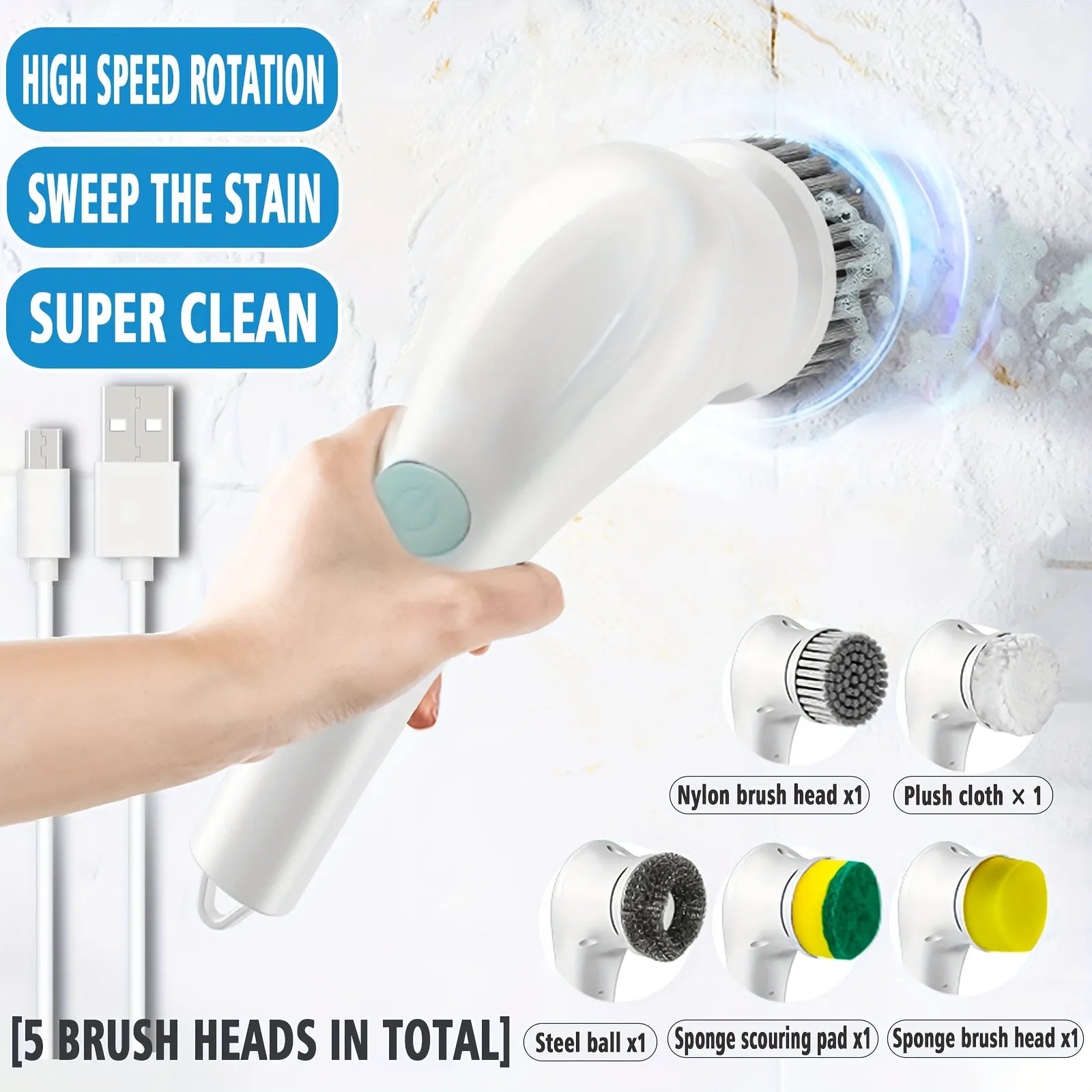 Storazone 5-in-1Multifunctional Electric Cleaning Brush usb charging Bathroom Wash Brush Kitchen Cleaning Tool Dishwashing Brush Bathtub