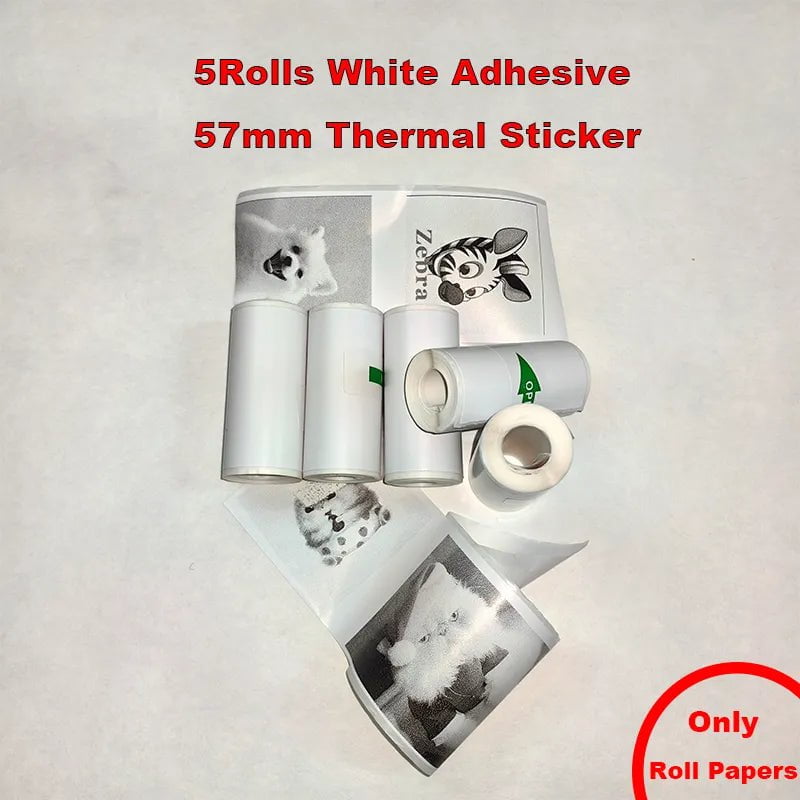 Storazone 5 Rolls Sticker Fun Print Portable Thermal Self-adhesive Stickers Photo Printer HD Mini Bluetooth 57*25mm Supplies 2d Label Maker For Phone