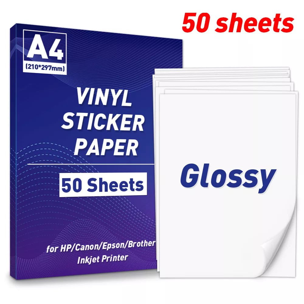 Storazone 50 Sheets-Glossy A4 Paper Sheets Adhesive Printable Label Sticker Paper Glossy for Inkjet Printer White Vinyl Label Copy Paper Gift Sticker