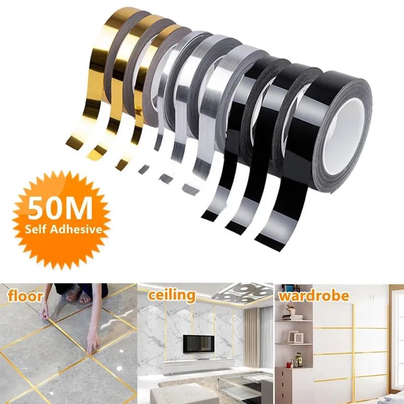 Storazone 50m/Roll Brushed Gold Silver Floor Edging Waterproof Seam Wall Stickers Wall Gap Ceiling Home Decoration Self-adhesive Tile Tape