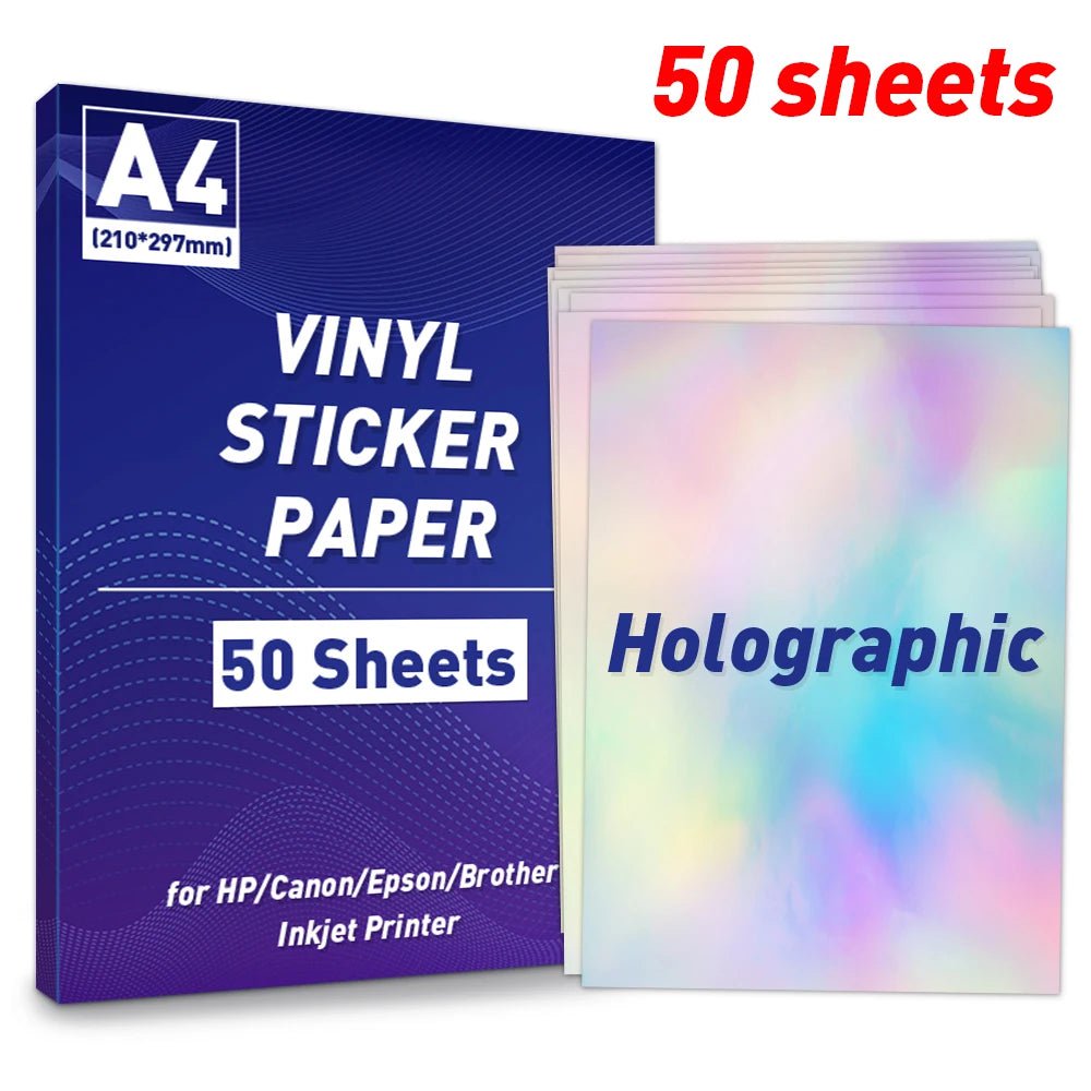 Storazone 50S-Holographic A4 Paper Sheets Adhesive Printable Label Sticker Paper Glossy for Inkjet Printer White Vinyl Label Copy Paper Gift Sticker