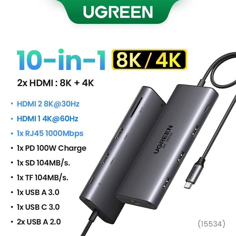 Storazone 5Gbps 10-in-1 8K30Hz / CHINA UGREEN 10Gbps USB C HUB 4K60Hz Type C to HDMI RJ45 Ethernet PD100W for MacBook iPad Huawei Sumsang PC Tablet Phone USB 3.0 HUB