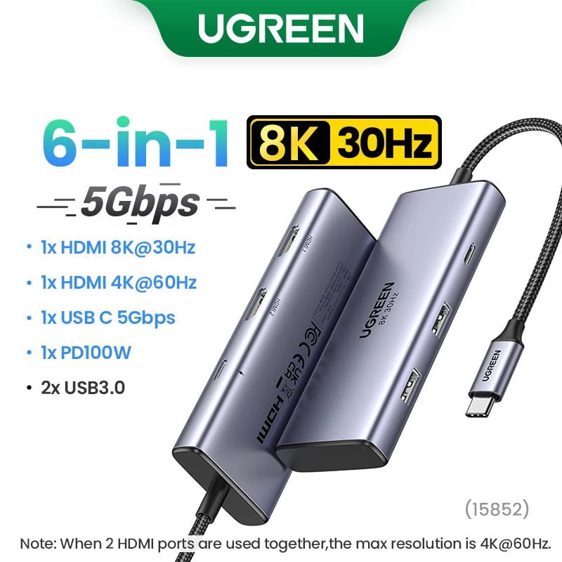 Storazone 5Gbps 6-in-1 8K30Hz / CHINA UGREEN 10Gbps USB C HUB 4K60Hz Type C to HDMI RJ45 Ethernet PD100W for MacBook iPad Huawei Sumsang PC Tablet Phone USB 3.0 HUB