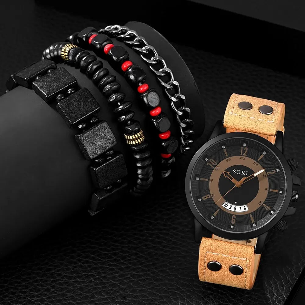 Storazone 5PCS Set Hip Hop Fashion Mens Bracelet Watches For Men Calendar Quartz Wrist Watch Male Casual Leather Watch Reloj Hombre