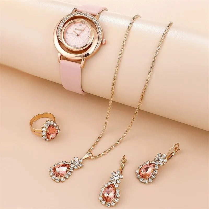 Storazone 5PCS Set Luxury Watch Women Ring Necklace Earring Rhinestone Fashion Wristwatch Casual Ladies Watches Set Clock