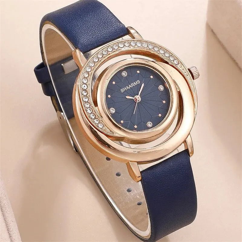 Storazone 5PCS Set Luxury Watch Women Ring Necklace Earring Rhinestone Fashion Wristwatch Casual Ladies Watches Set Clock