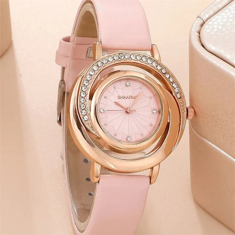 Storazone 5PCS Set Luxury Watch Women Ring Necklace Earring Rhinestone Fashion Wristwatch Casual Ladies Watches Set Clock