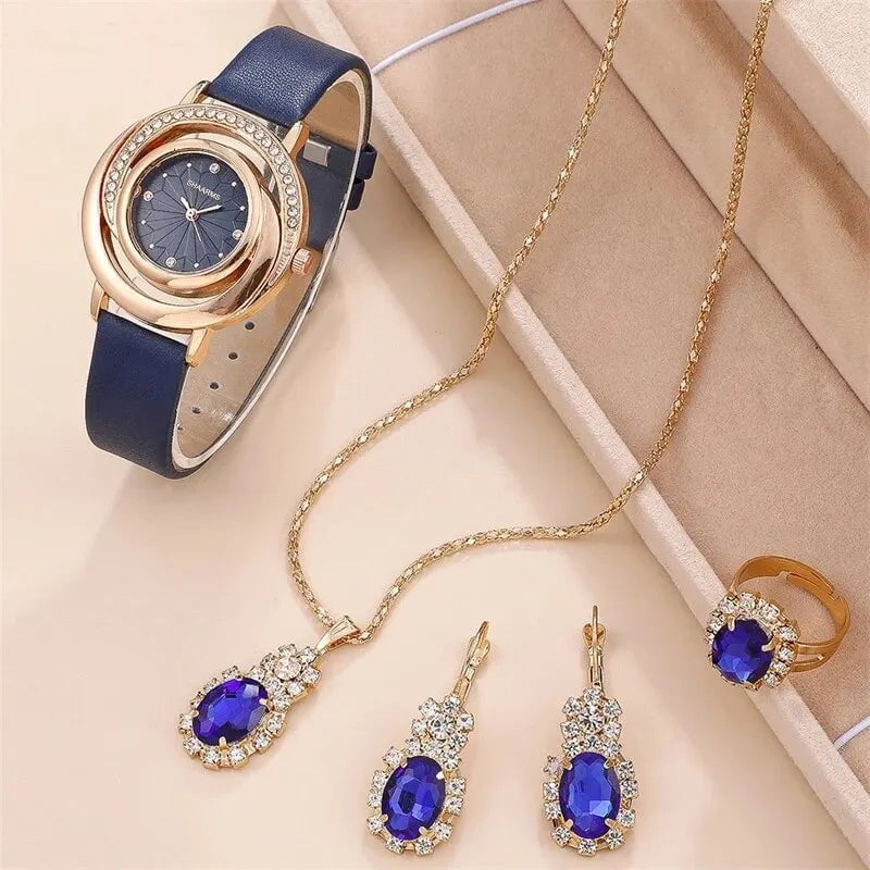 Storazone 5PCS Set Luxury Watch Women Ring Necklace Earring Rhinestone Fashion Wristwatch Casual Ladies Watches Set Clock