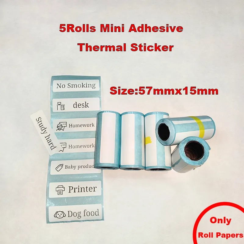 Storazone 5Rolls Label Sticker Fun Print Portable Thermal Self-adhesive Stickers Photo Printer HD Mini Bluetooth 57*25mm Supplies 2d Label Maker For Phone