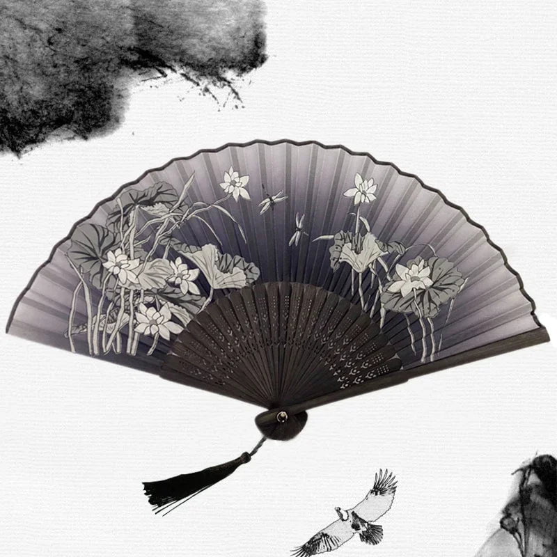 Storazone 6 Chinese Japanese Silk Folding Fan Wooden Shank Classical Dance Fan High Quality Tassel Elegent Female Fan Home Decoration