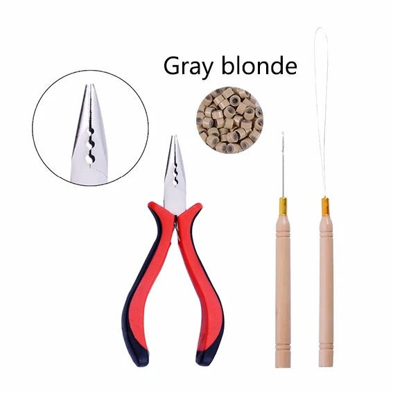 Storazone 6 Gray blonde 1 Pack/100Pcs Micro Links/Beads+1Pcs Pulling Needle+1Pc  3 Holes Plier Hair Extensions Tool Kit