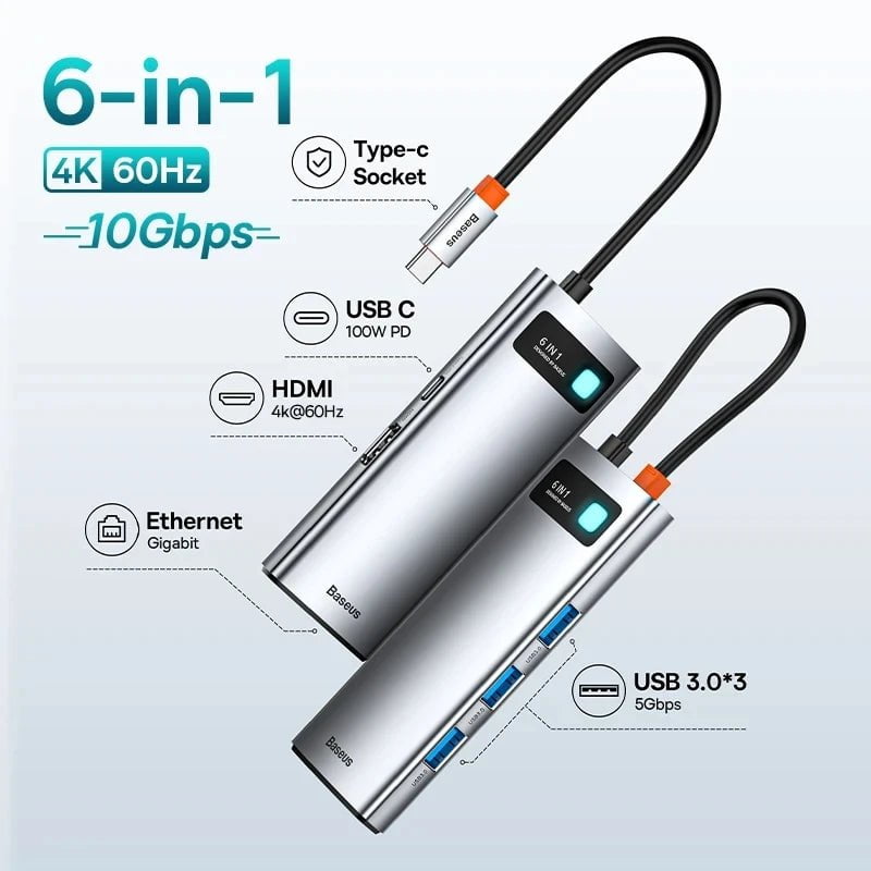 Storazone 6 in 1 60Hz USB 3.0 / Russian Federation Baseus 10Gbps USB C Hub Type C to HDMI-compatible USB Adapter Ethernet Port Docking Station for MacBook  Air M1 M2 USB Splitter