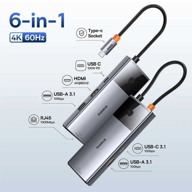 Storazone 6 in 1 60Hz USB 3.1 / Russian Federation Baseus 10Gbps USB C Hub Type C to HDMI-compatible USB Adapter Ethernet Port Docking Station for MacBook  Air M1 M2 USB Splitter
