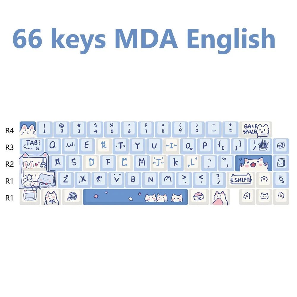 Storazone 66keys Blue 148/66 Keys MDA Profile Cute Animal Theme Keycaps For Mechanical Gaming Keyboard Mx Switch PBT Five-sided Sublimation Key Caps