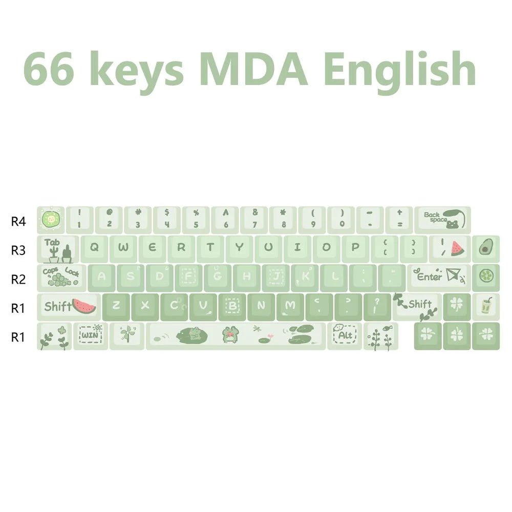 Storazone 66keys Green 148/66 Keys MDA Profile Cute Animal Theme Keycaps For Mechanical Gaming Keyboard Mx Switch PBT Five-sided Sublimation Key Caps