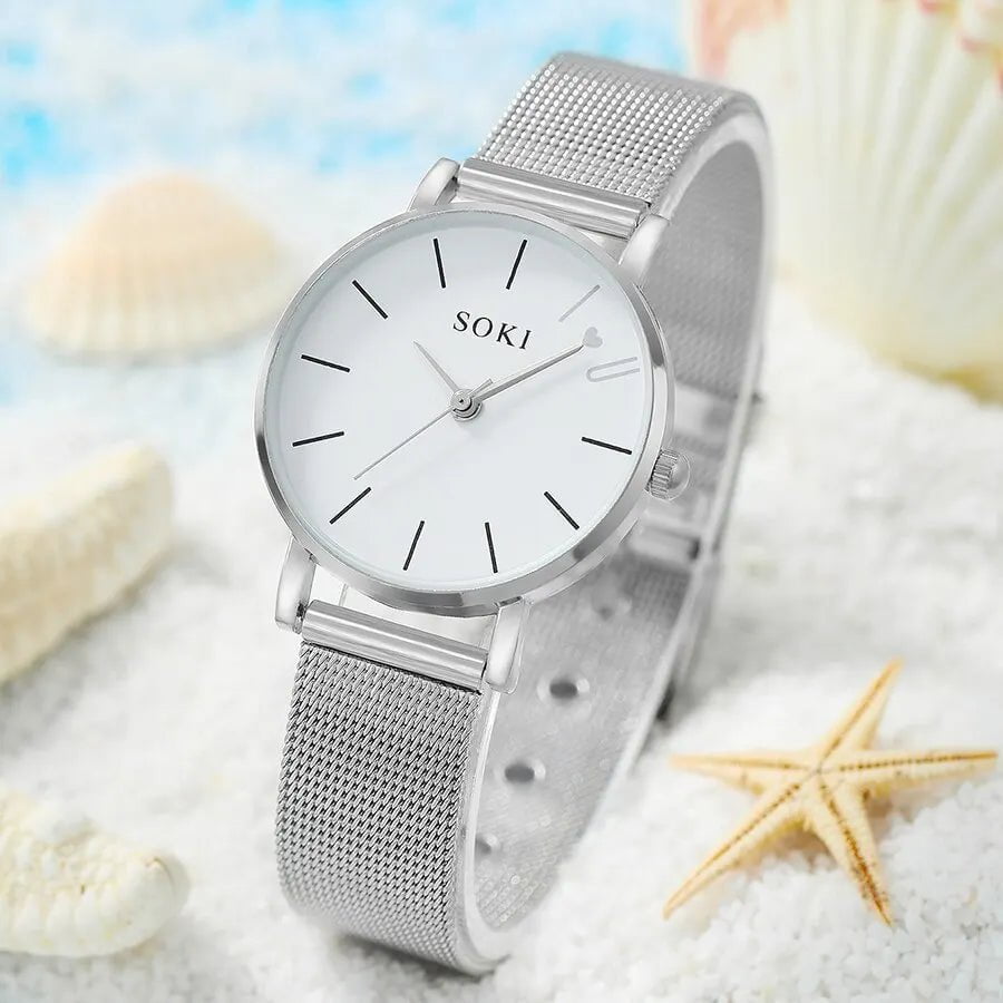 Storazone 6pc Simple Silver Quartz Watch With Bracelet For Women Casual Fashion Round Simple Silver Watch Dainty Wheat Bracelets Set