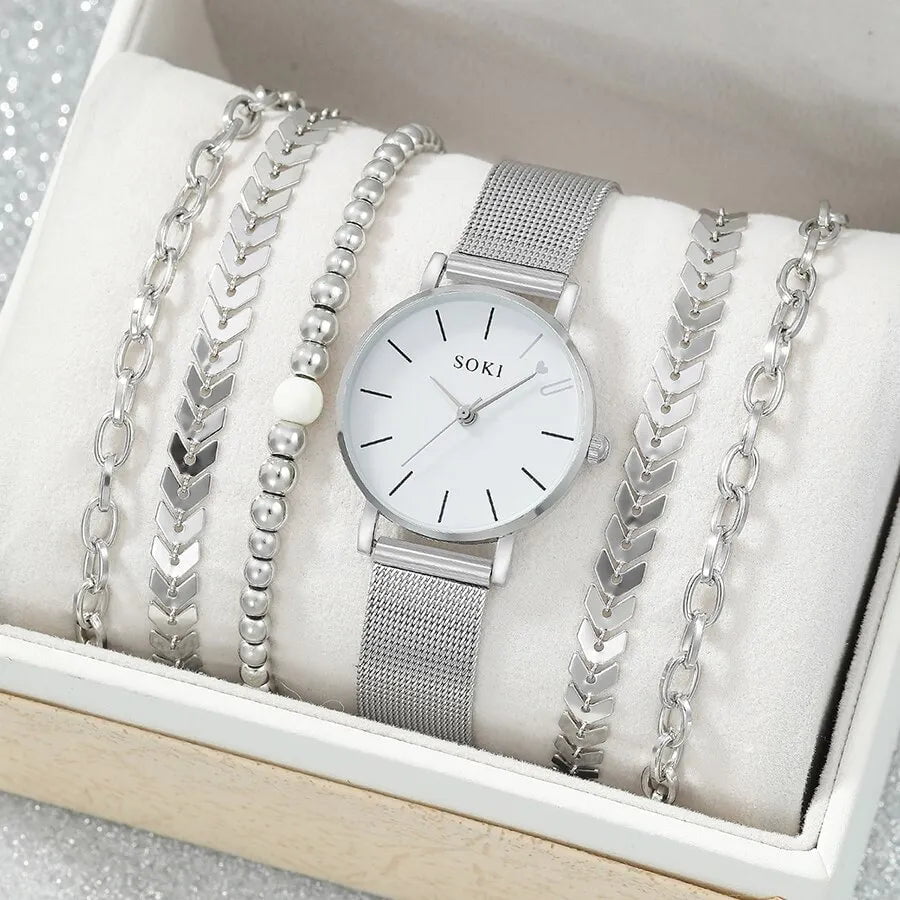 Storazone 6pc Simple Silver Quartz Watch With Bracelet For Women Casual Fashion Round Simple Silver Watch Dainty Wheat Bracelets Set