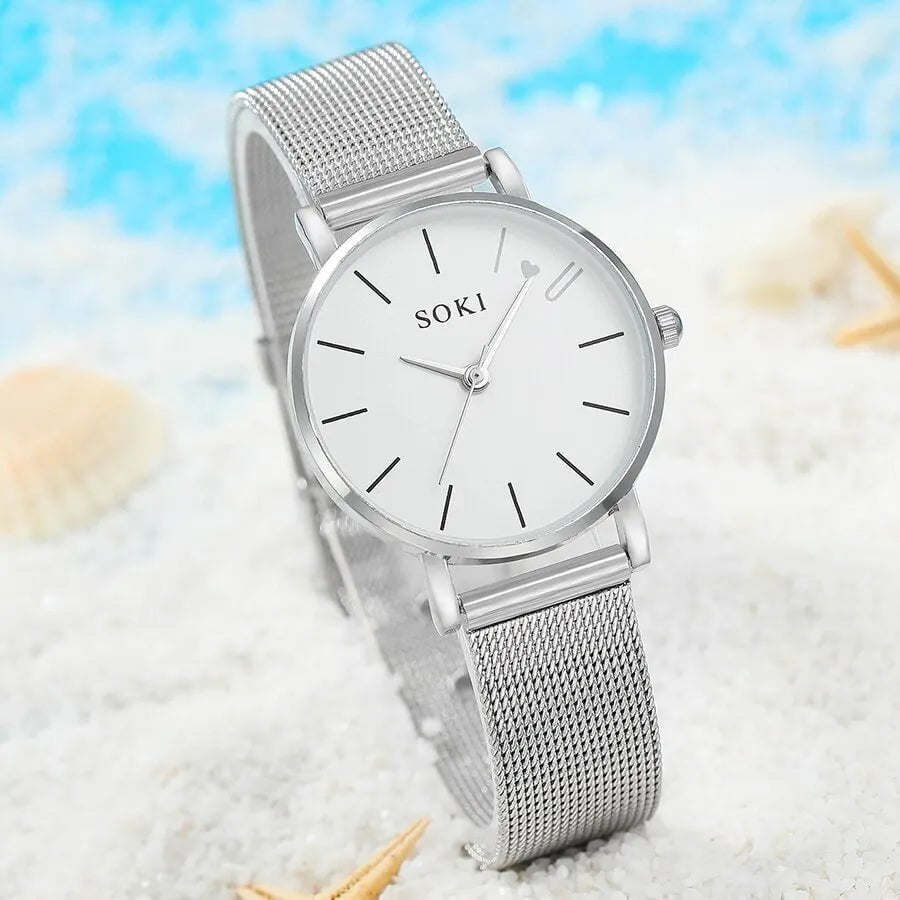 Storazone 6pc Simple Silver Quartz Watch With Bracelet For Women Casual Fashion Round Simple Silver Watch Dainty Wheat Bracelets Set