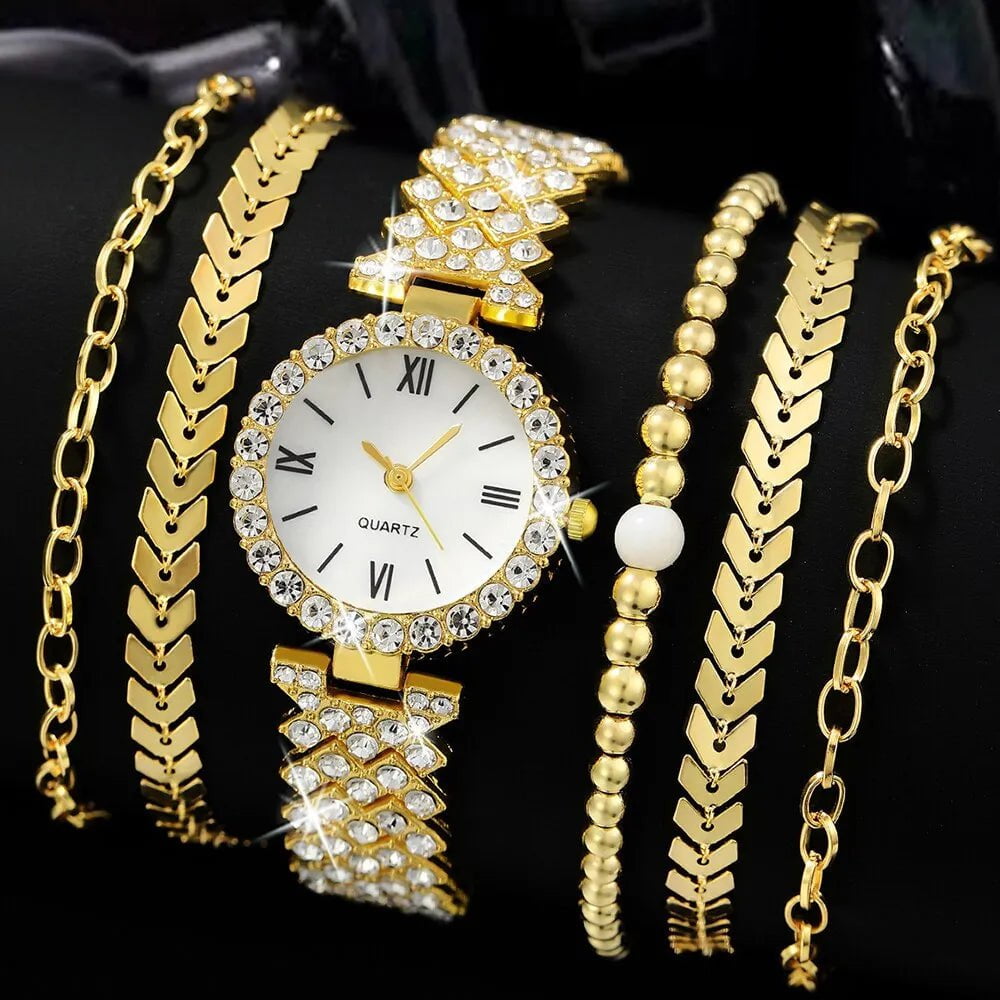 Storazone 6pcs Dainty Rhinestone Quartz Watch With Jewelry Set Fashion Round Women Watch Multilayer Gold Bracelet Set