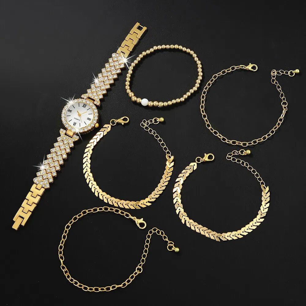 Storazone 6pcs Dainty Rhinestone Quartz Watch With Jewelry Set Fashion Round Women Watch Multilayer Gold Bracelet Set