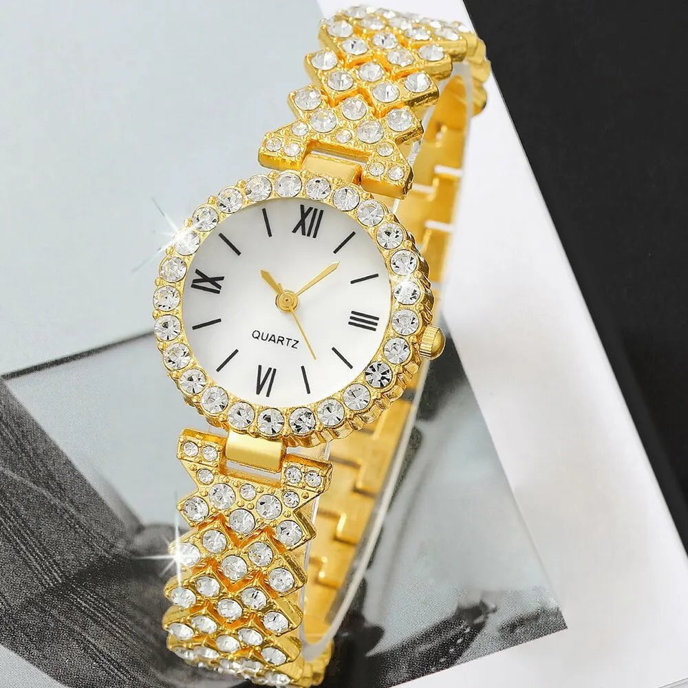 Storazone 6pcs Dainty Rhinestone Quartz Watch With Jewelry Set Fashion Round Women Watch Multilayer Gold Bracelet Set