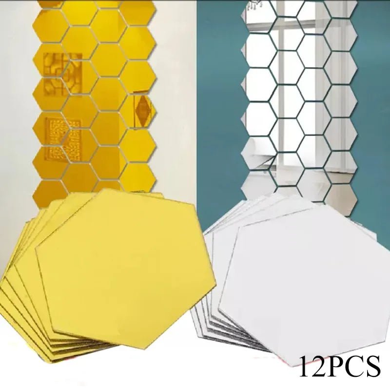 Storazone 6PCS  Gold / 46x 40 x 23mm 12/6pcs 3D Mirror Wall Stickers Hexagon Shape Acrylic Removable Wall Sticker Decal DIY Home Decoration Art Mirror Ornaments