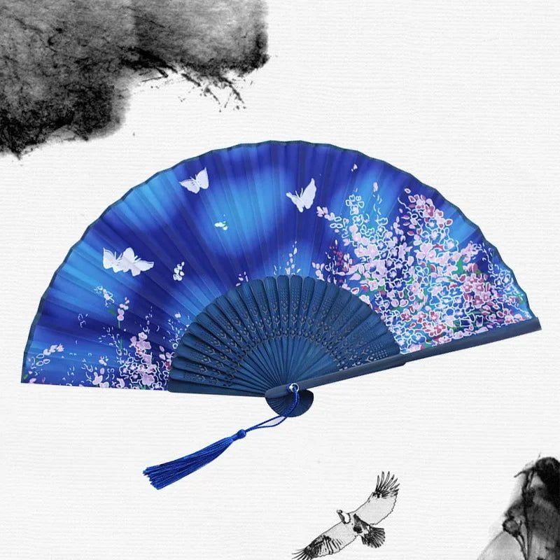 Storazone 7 Chinese Japanese Silk Folding Fan Wooden Shank Classical Dance Fan High Quality Tassel Elegent Female Fan Home Decoration