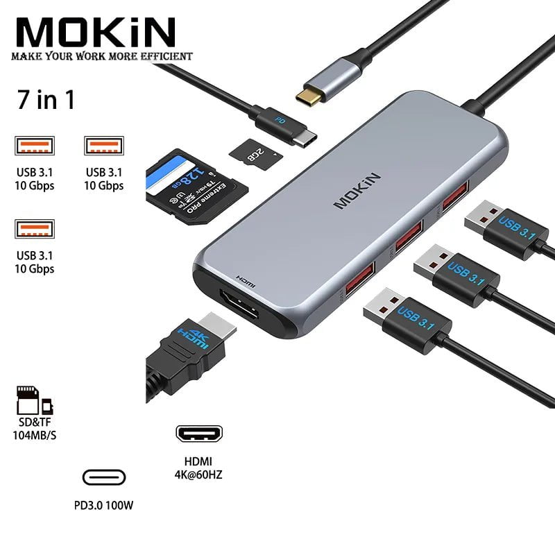 Storazone 7-in-1 / CHINA MOKiN USB-C Hub Docking Station for MacBook Air/Pro, iPad M1/M2, Thunderbolt Laptop - Features HDMI 4K, DP, 100W PD, SD/TF, RJ45