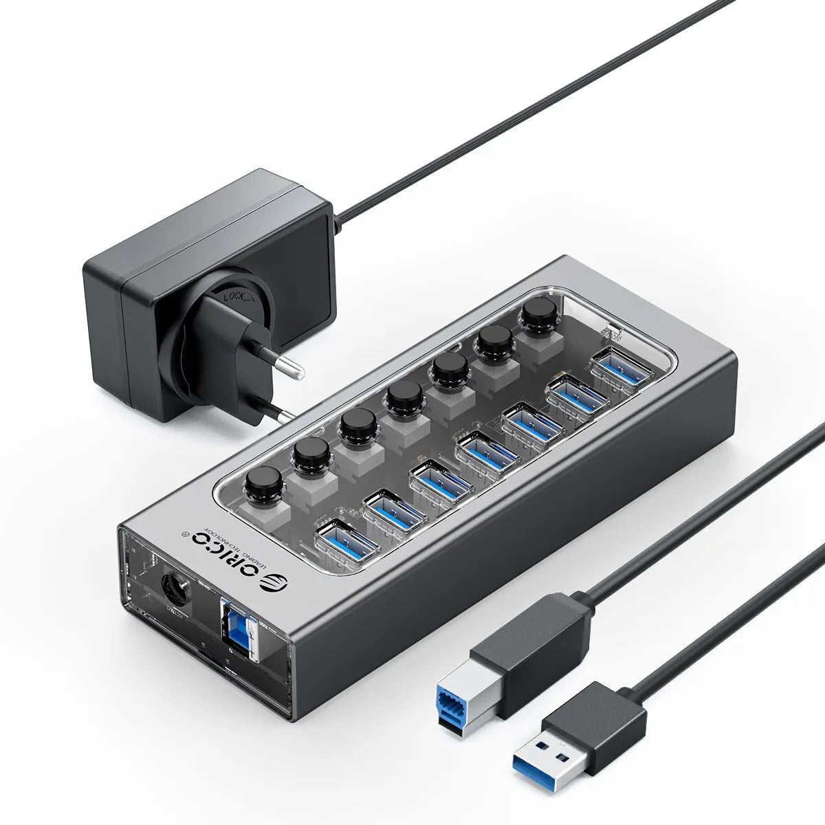 Storazone 7 Port EU 2 ORICO USB3.0 Hub Aluminum Industrial 7-Port Splitter Split Switch with 12v Power Adapter for Macbook Mobile Phone Tablets