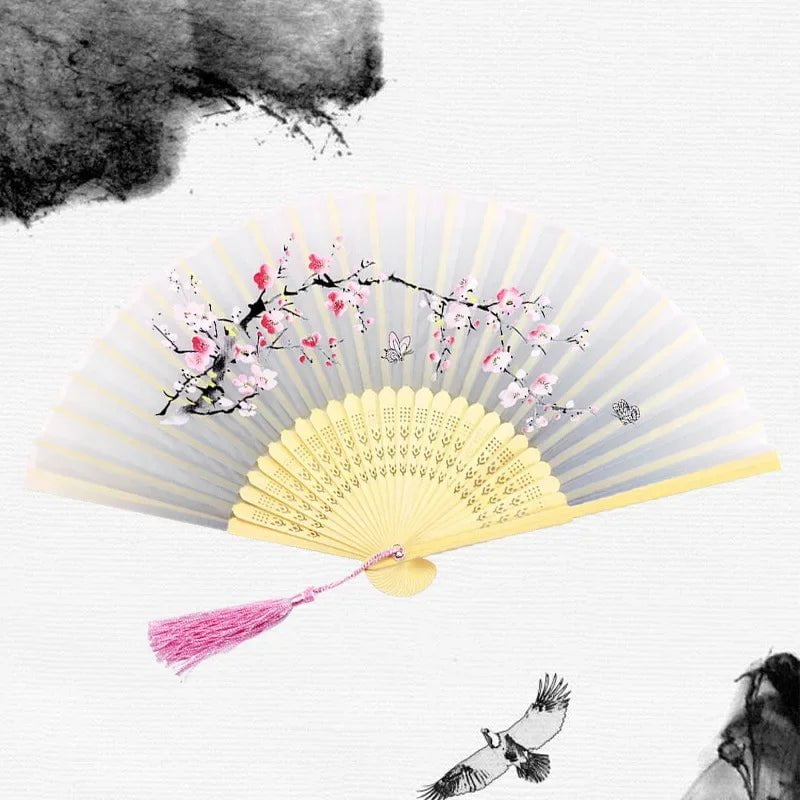 Storazone 8 Chinese Japanese Silk Folding Fan Wooden Shank Classical Dance Fan High Quality Tassel Elegent Female Fan Home Decoration