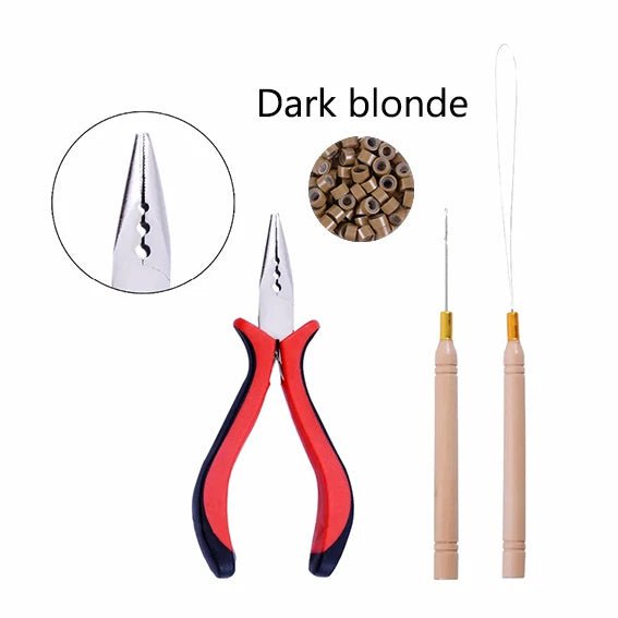 Storazone 8 Dark blonde 1 Pack/100Pcs Micro Links/Beads+1Pcs Pulling Needle+1Pc  3 Holes Plier Hair Extensions Tool Kit