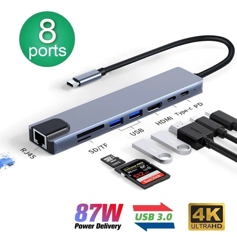 Storazone 8in1 Hub 8in1 USB C HUB Type C Splitter 4K Thunderbolt 3 Docking Station Laptop Adapter For Macbook Air M1 iPad Pro RJ45 HDMI Computer