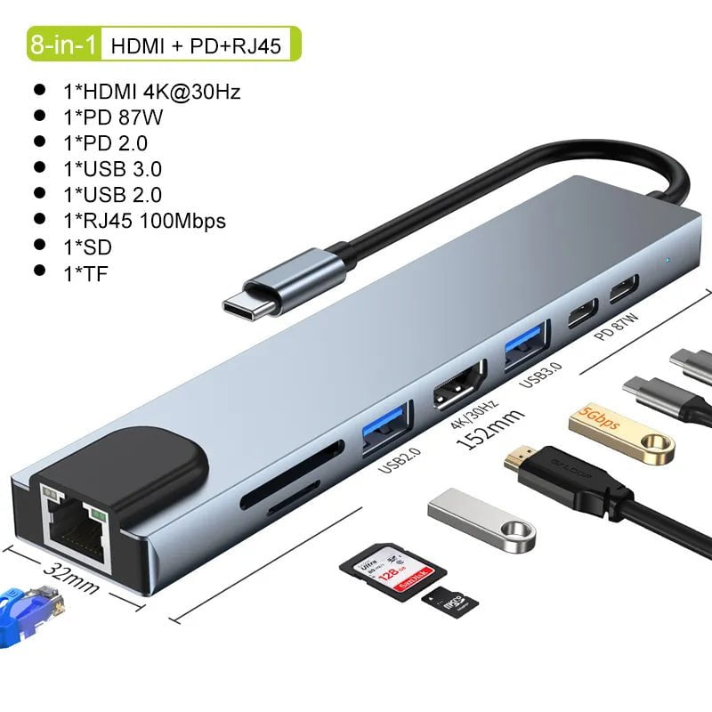 Storazone 8in1HDMI PD RJ45 USB C HUB Type C Splitter Thunderbolt 3 Docking Station Laptop Adapter With For Macbook Air M1 iPad Pro RJ45 HDMI