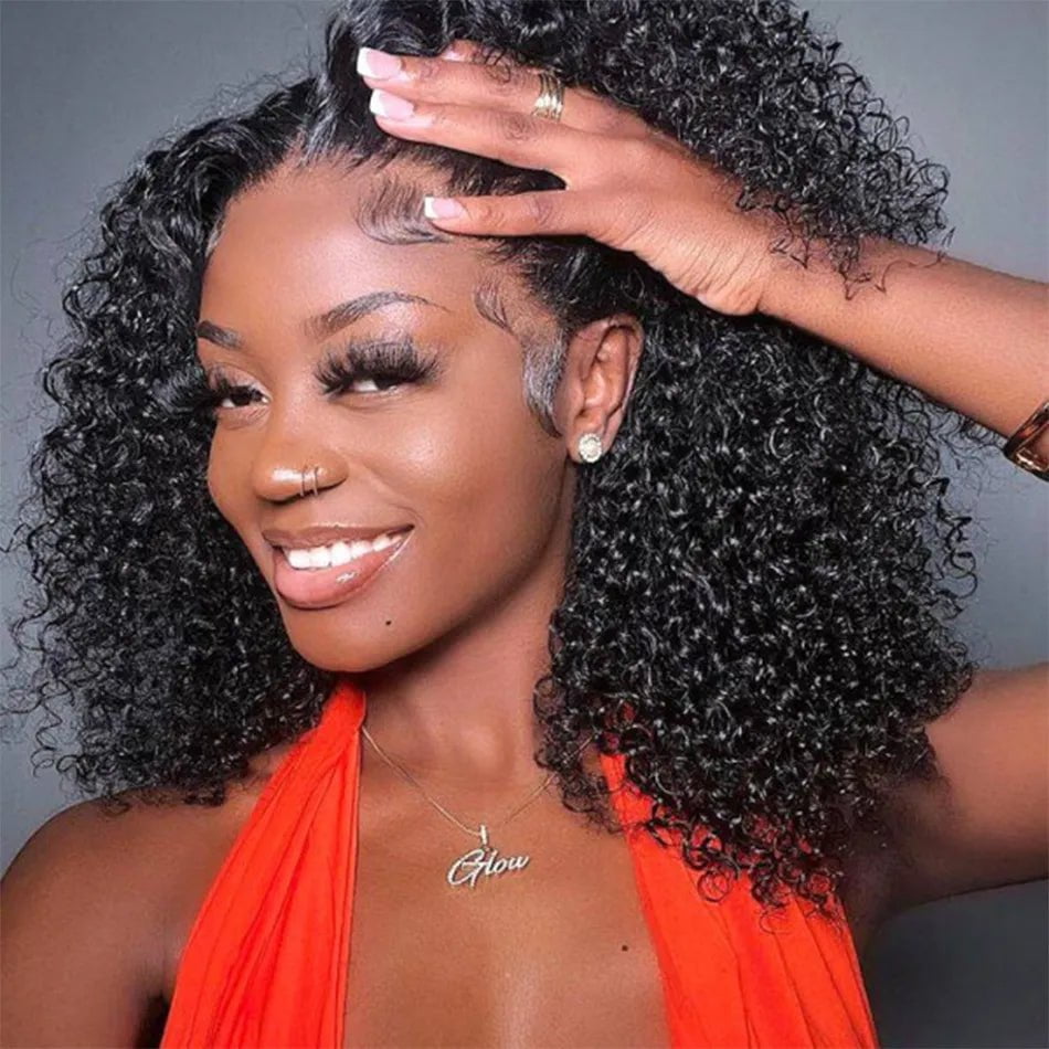 Storazone 8inches / 180 Density 4x1 Wig 12A Brazilian Kinky Curly Bob Wig Human Hair Lace Frontal Wigs 180 Density Wear and Go Glueless Wigs Water Wave Closure Wig